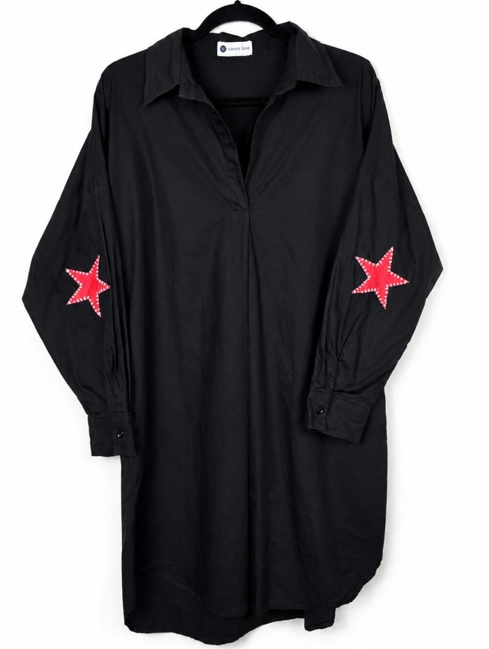 Caryn Lawn Preppy Star Mini Shirt Dress L Black Red Art to Wear Oversized Tunic